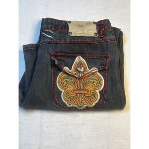 Raw Blue Jeans Men's 30 Fluer De Lis Y2K Stitching Bootcut Embellish Flap Pocket